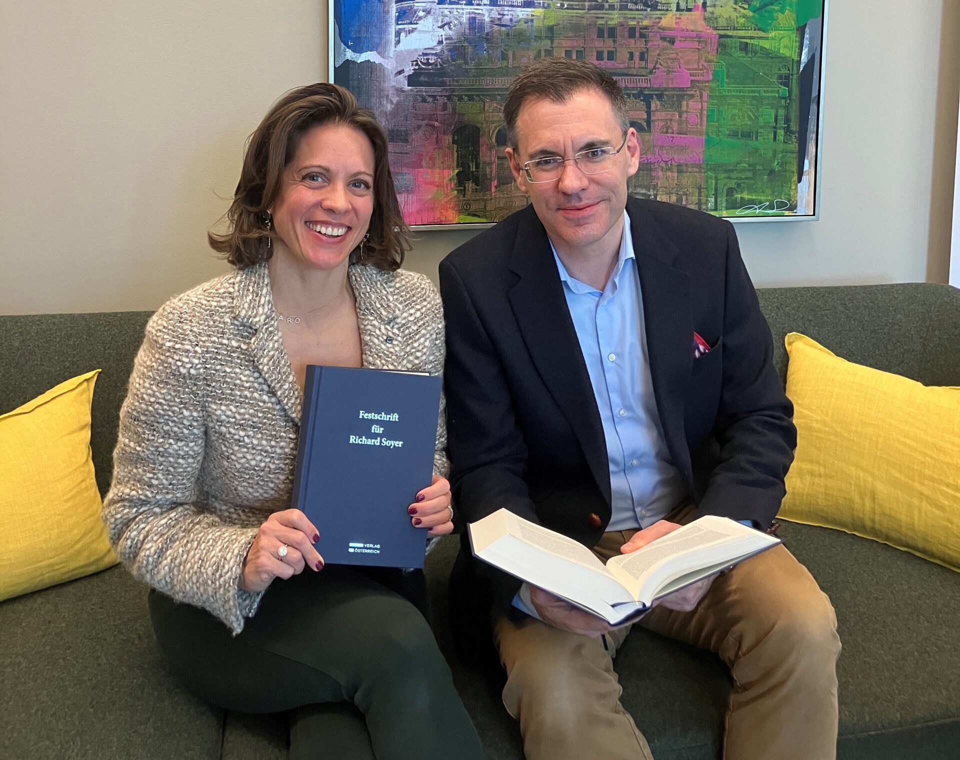 Dr Caroline KINDL and Mag Marc Julian MAYERHÖFER with the commemorative volume marking the 70th birthday of University Lecturer Richard Soyer